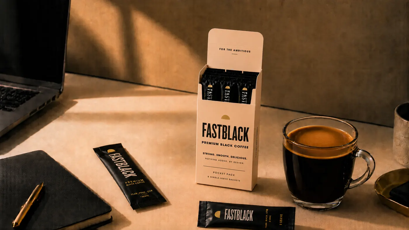 FASTBLACK premium black coffee pocket pack with sachets, black coffee and work desk setting.