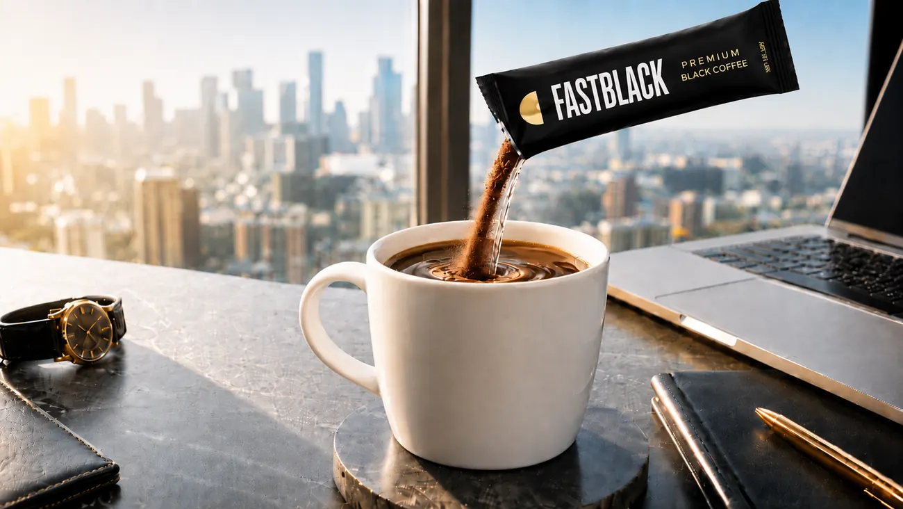 A FASTBLACK sachet pouring premium black coffee into a white mug on a marble desk with a laptop, watch and notebook against a city skyline.